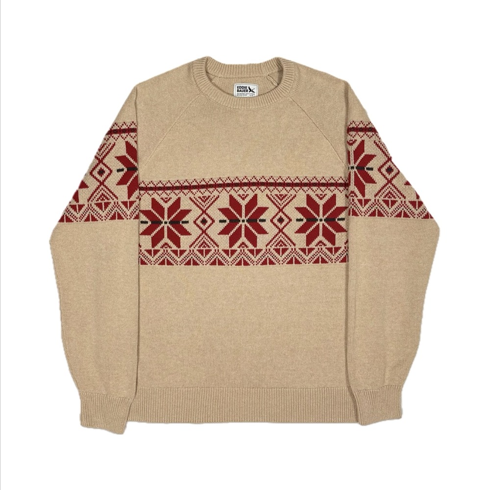 Eddie Bauer 100% cotton cream red fair isle knit crewneck sweater men's large - Picture 1 of 7